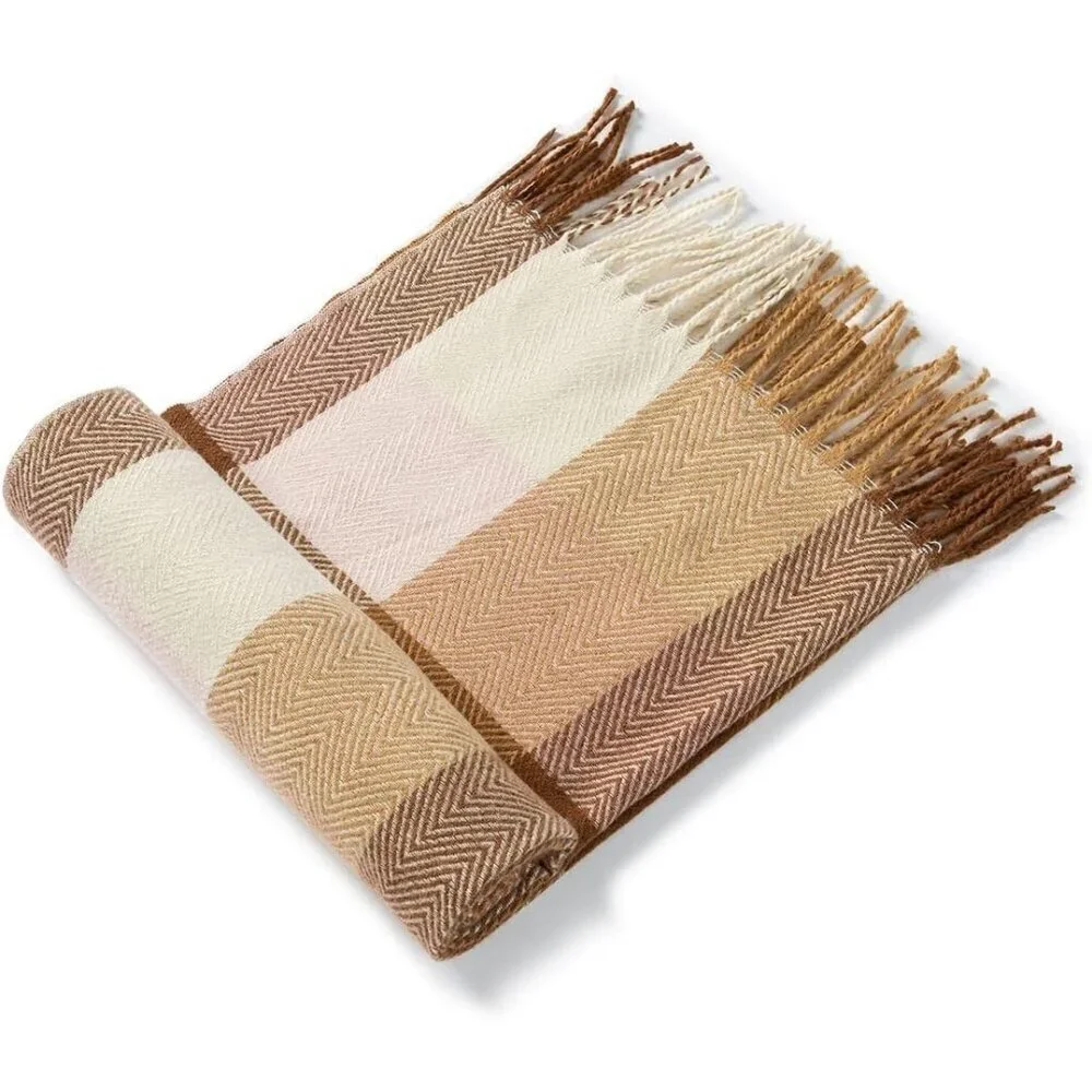 Women's Camel Check Wool Scarf Cashmere Feel Winter Checked Scarves Soft Shawls